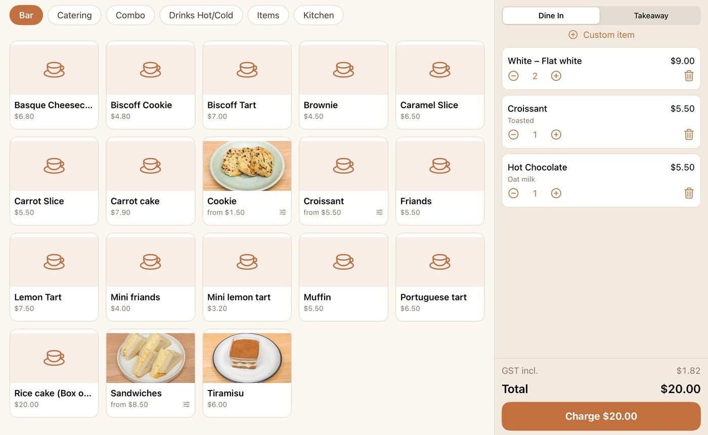 The SeedTree POS till screen: menu items on the left, the current order and total on the right.